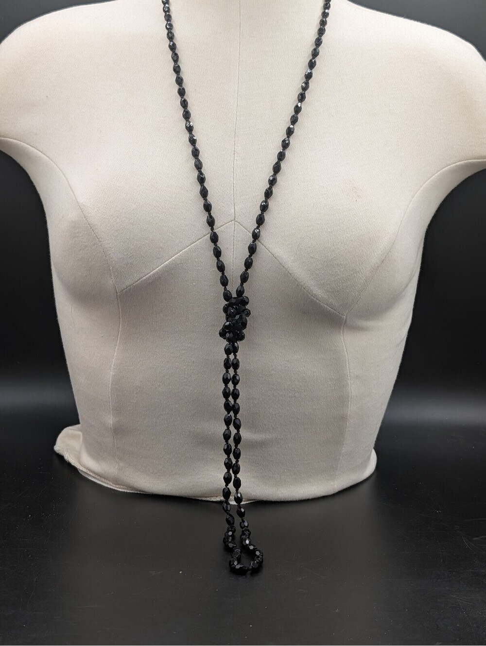 Antique Black French Jet Glass Bead 1920s Flapper Gatsby Opera Necklace 56" Long